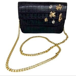 Kate Landry Black Croc Embossed Cross Body Clutch Purse Gold tone Charms NEW NWT